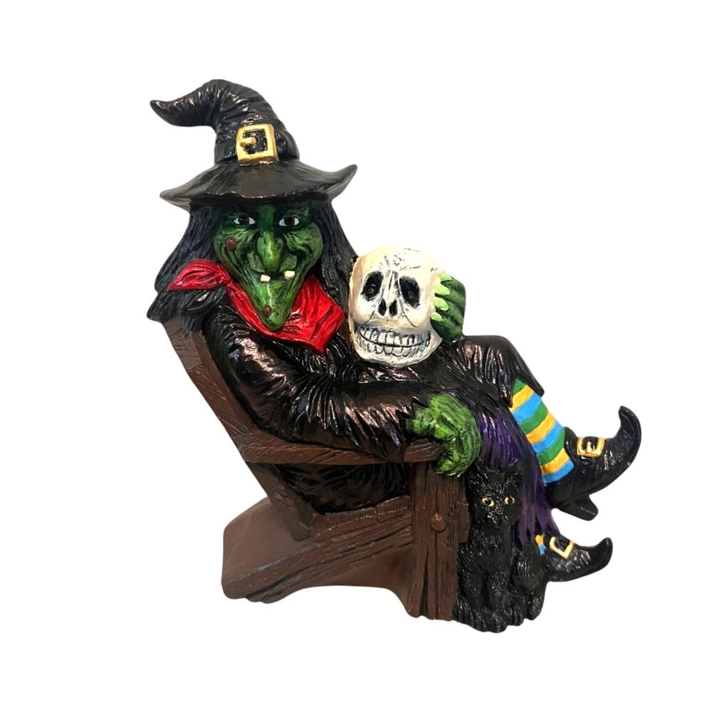 Vtg 90s Halloween Nowells mold ceramic witch in chair w/scull artist painted